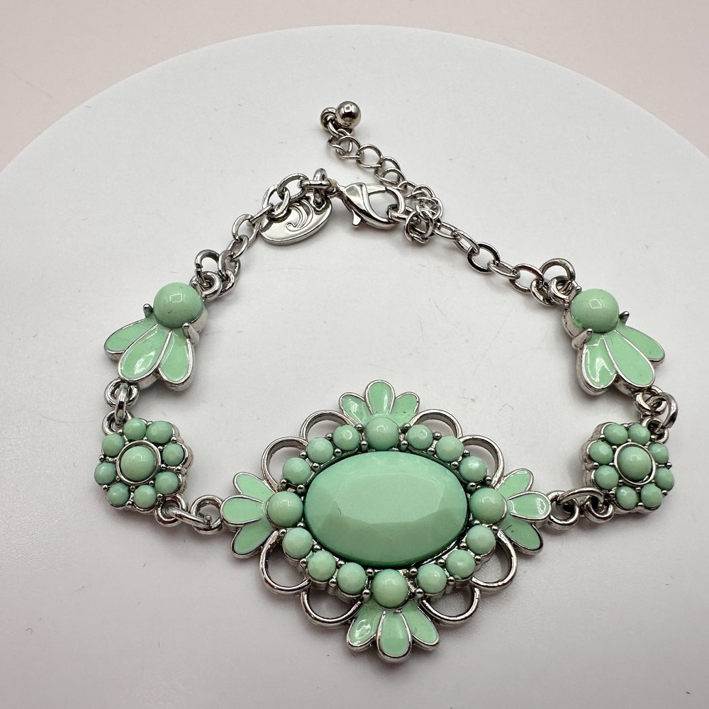Vintage 90s Charming Charlie Silver Tone Mint Green Cabochon Floral Bracelet